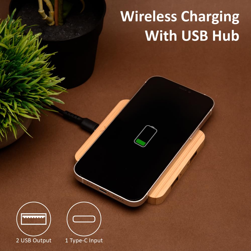 Wangari Pine 15W Bamboo Wireless Charger with USB Hub