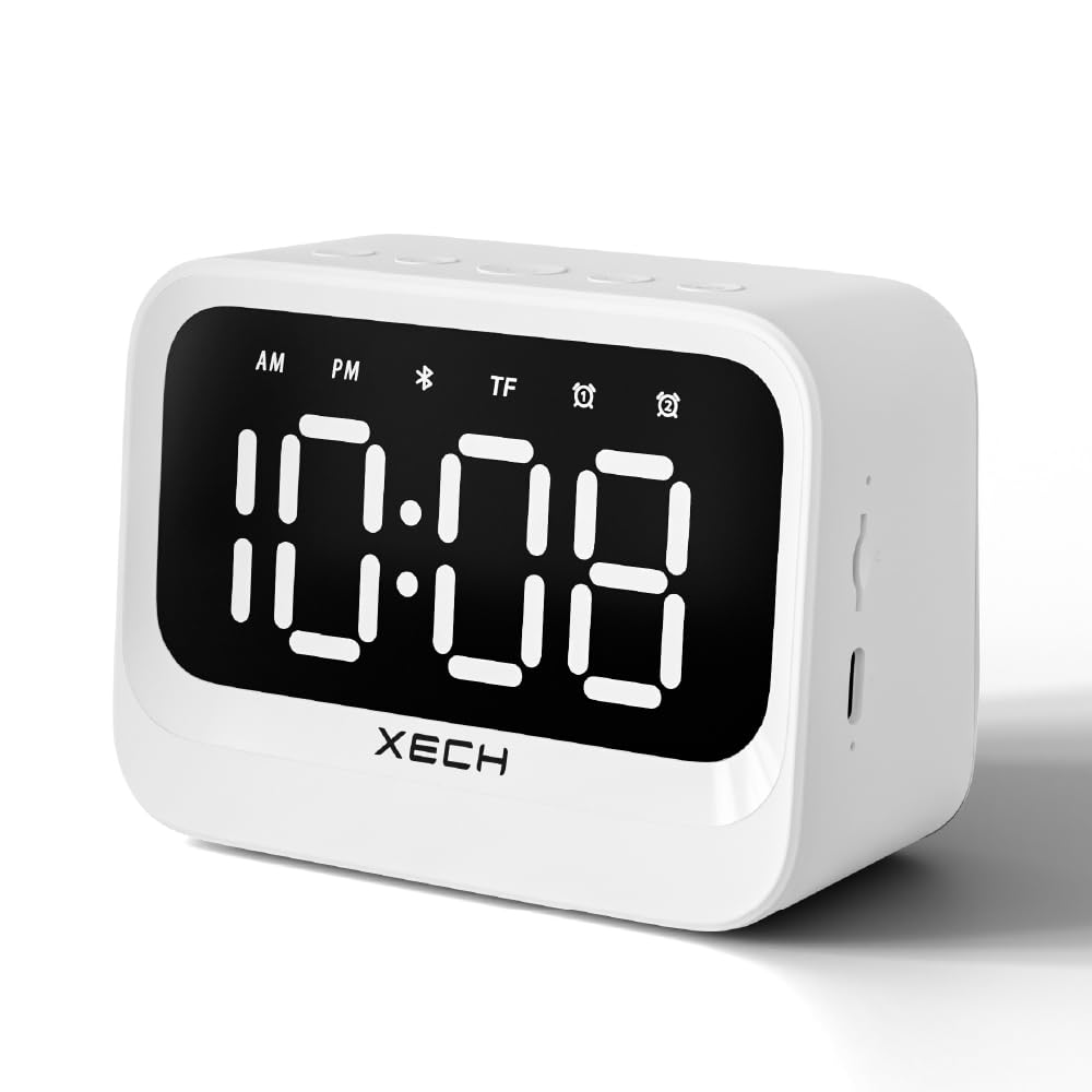 Xech Eon Alarm Clock For Students And Heavy Sleepers Mini Digital Clock With Speaker Dual Alarm USB C Powered Loud Alarm For Table For Kids Bedroom Study (White)