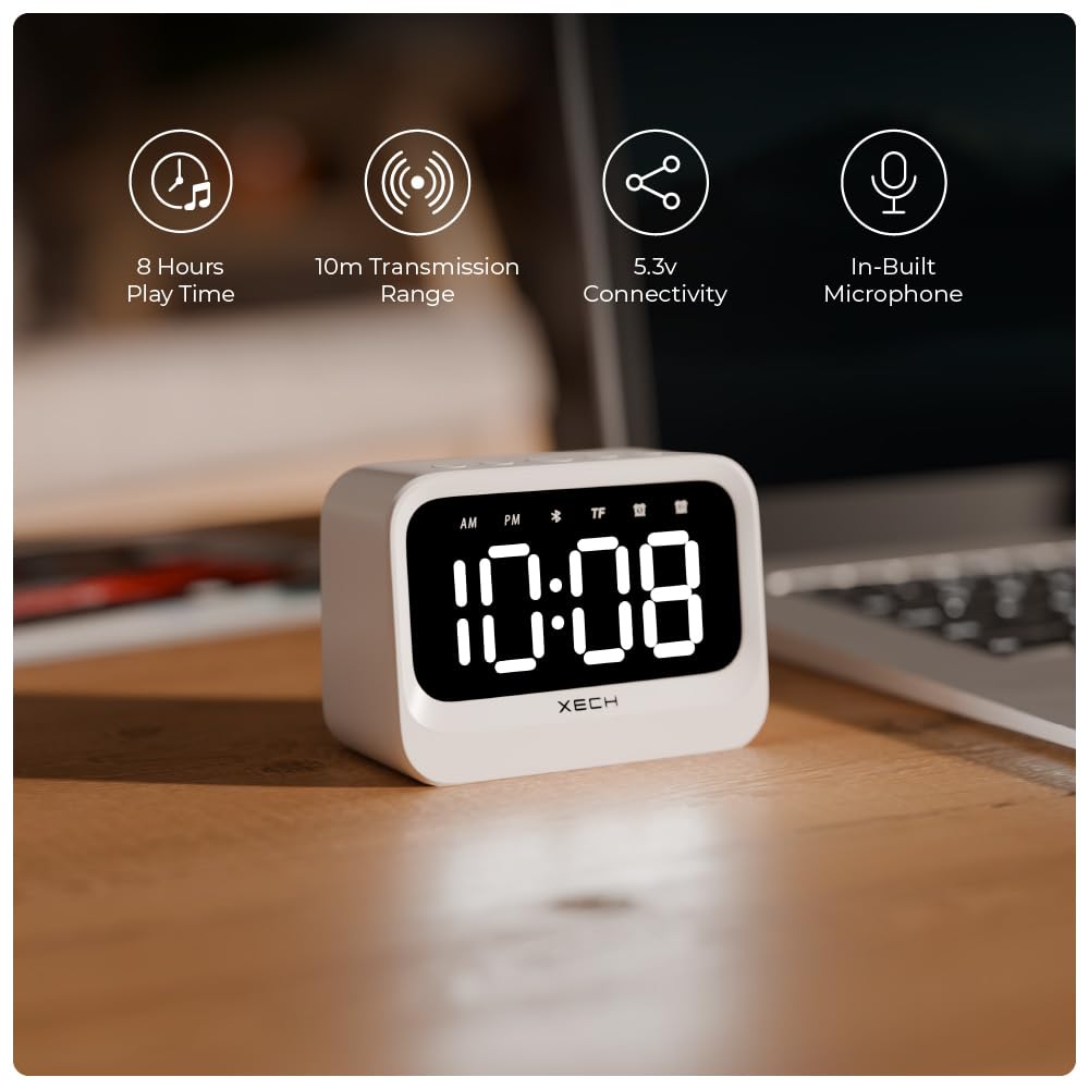 Xech Eon Alarm Clock For Students And Heavy Sleepers Mini Digital Clock With Speaker Dual Alarm USB C Powered Loud Alarm For Table For Kids Bedroom Study (White)
